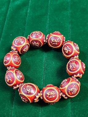 Vintage Carved Faux Bone Bead Stretch Bracelet Tibetan Tribal Style Symbol Beads